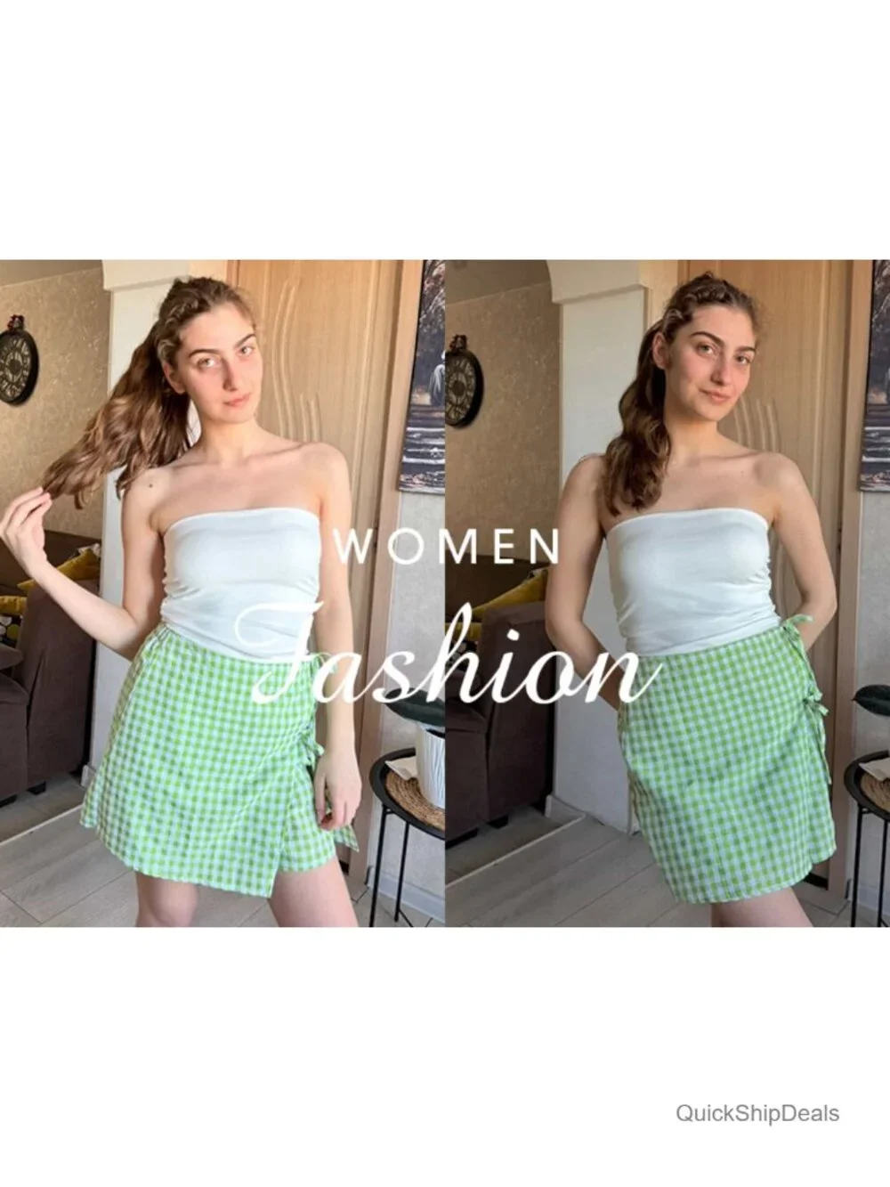 High Waisted Gingham Skort A-Line Wrap Mini Skirt with Shorts Side Tie Cotton